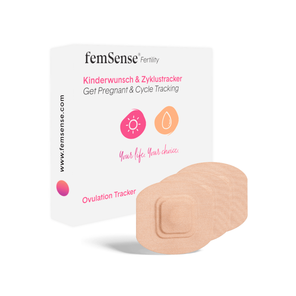 femsense 3 stück packaung, wobei die 3 pflaster vor der verpackung angezeigt werden.